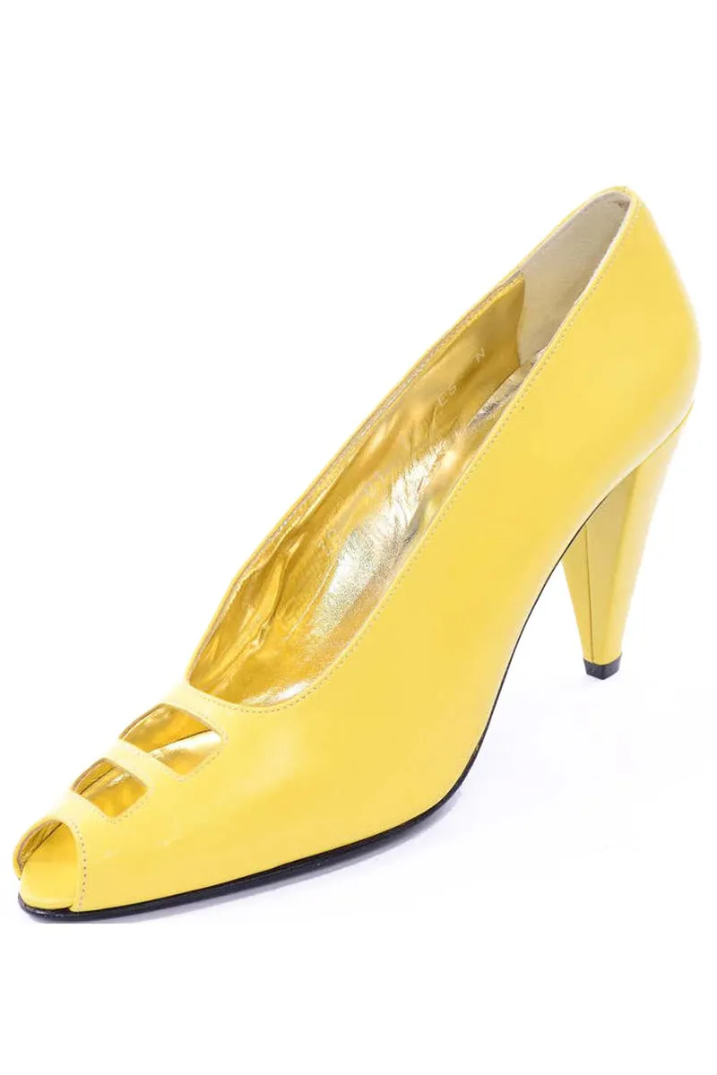 1980s Escada Yellow Vintage Shoes Peep Toe Heels Never Worn 7.5AA