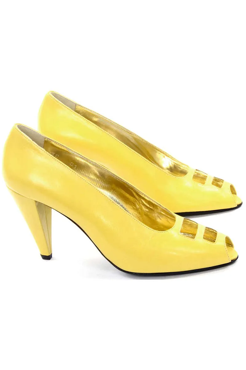 1980s Escada Yellow Vintage Shoes Peep Toe Heels Never Worn 7.5AA