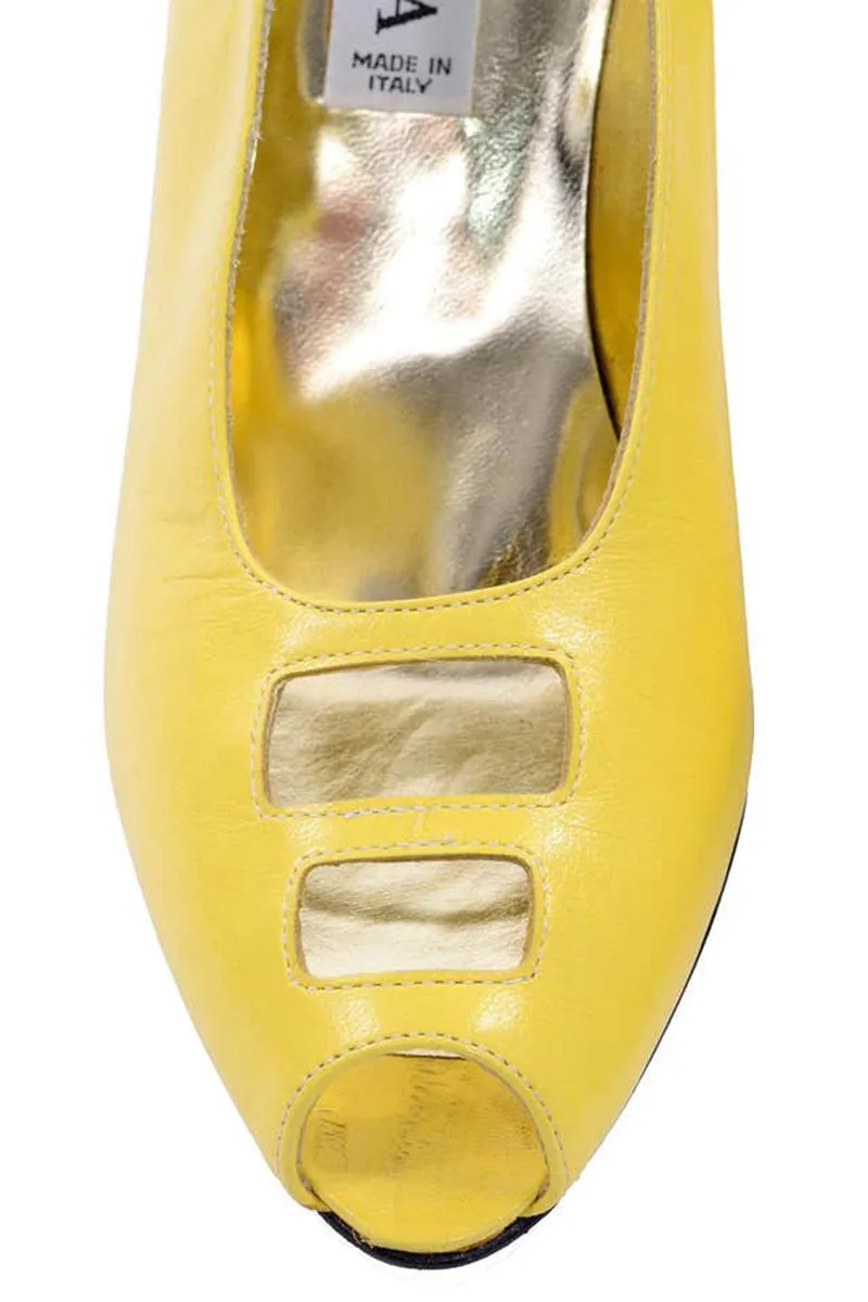 1980s Escada Yellow Vintage Shoes Peep Toe Heels Never Worn 7.5AA