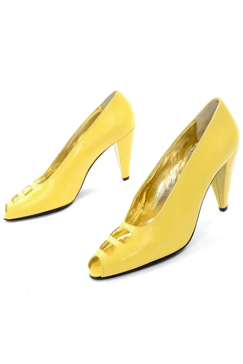 1980s Escada Yellow Vintage Shoes Peep Toe Heels Never Worn 7.5AA