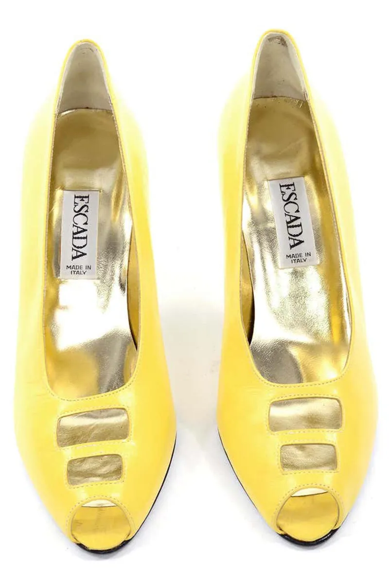 1980s Escada Yellow Vintage Shoes Peep Toe Heels Never Worn 7.5AA