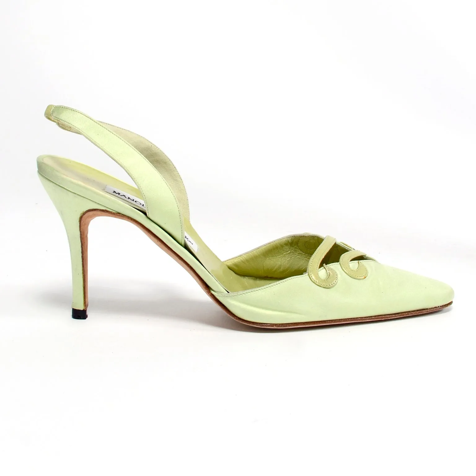 1990s Manolo Blahnik Green Carolyne Slingback Heels w/ Swirls Size 37.5