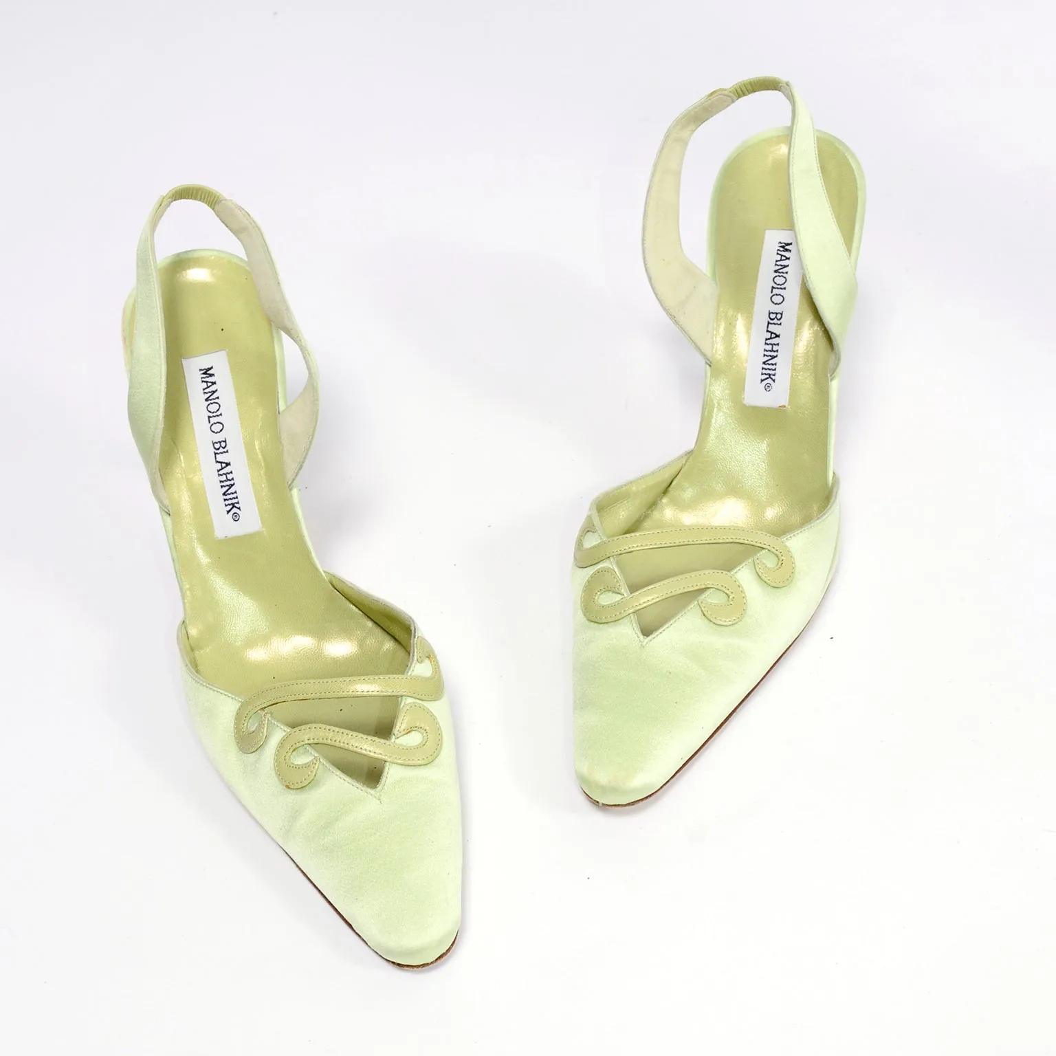 1990s Manolo Blahnik Green Carolyne Slingback Heels w/ Swirls Size 37.5