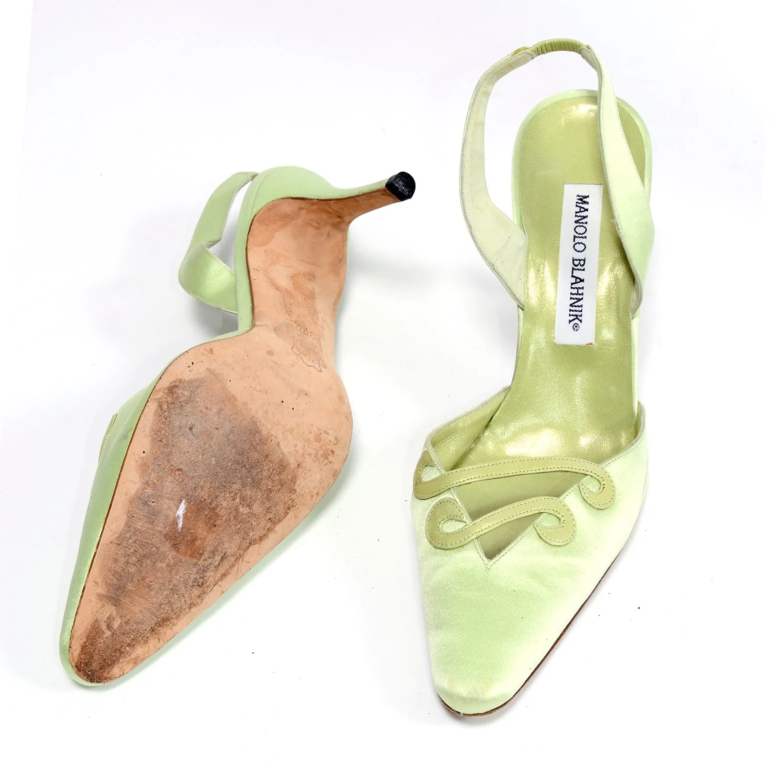 1990s Manolo Blahnik Green Carolyne Slingback Heels w/ Swirls Size 37.5