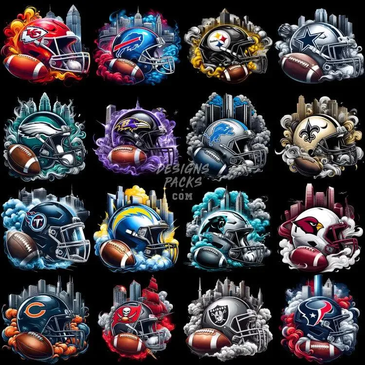 32 Football Teams HELMET SMOKES Designs Bundle PNG