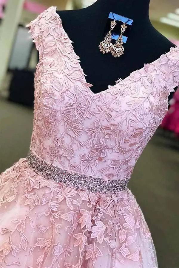 A-line V-Neck Cap Sleeves Pink Tulle Beaded Appliques Prom Dress PG471