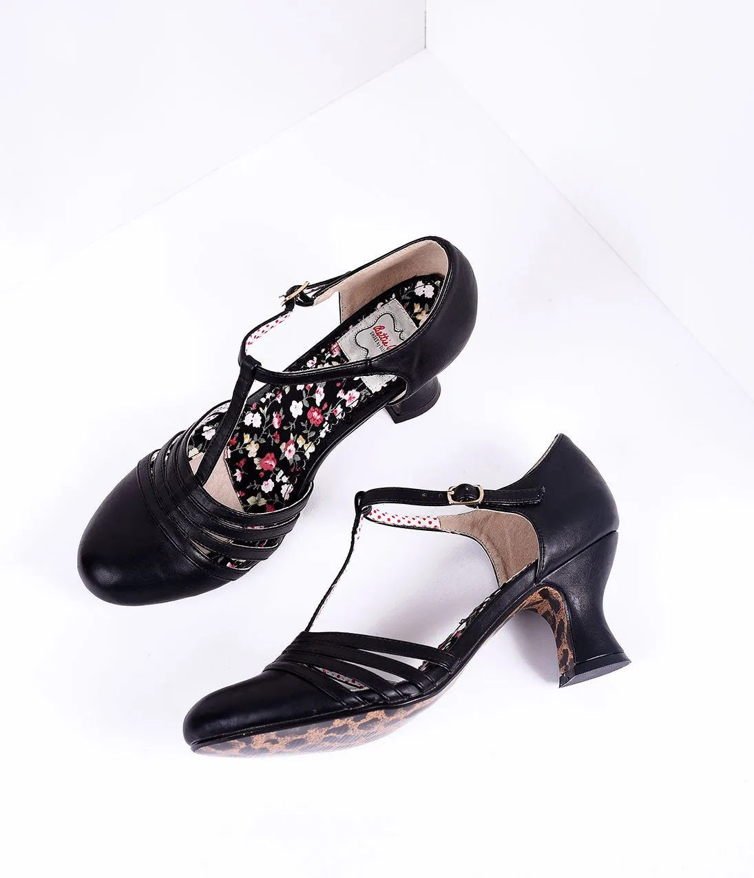 Bettie Page Black Leatherette Lucy T-Strap Heels