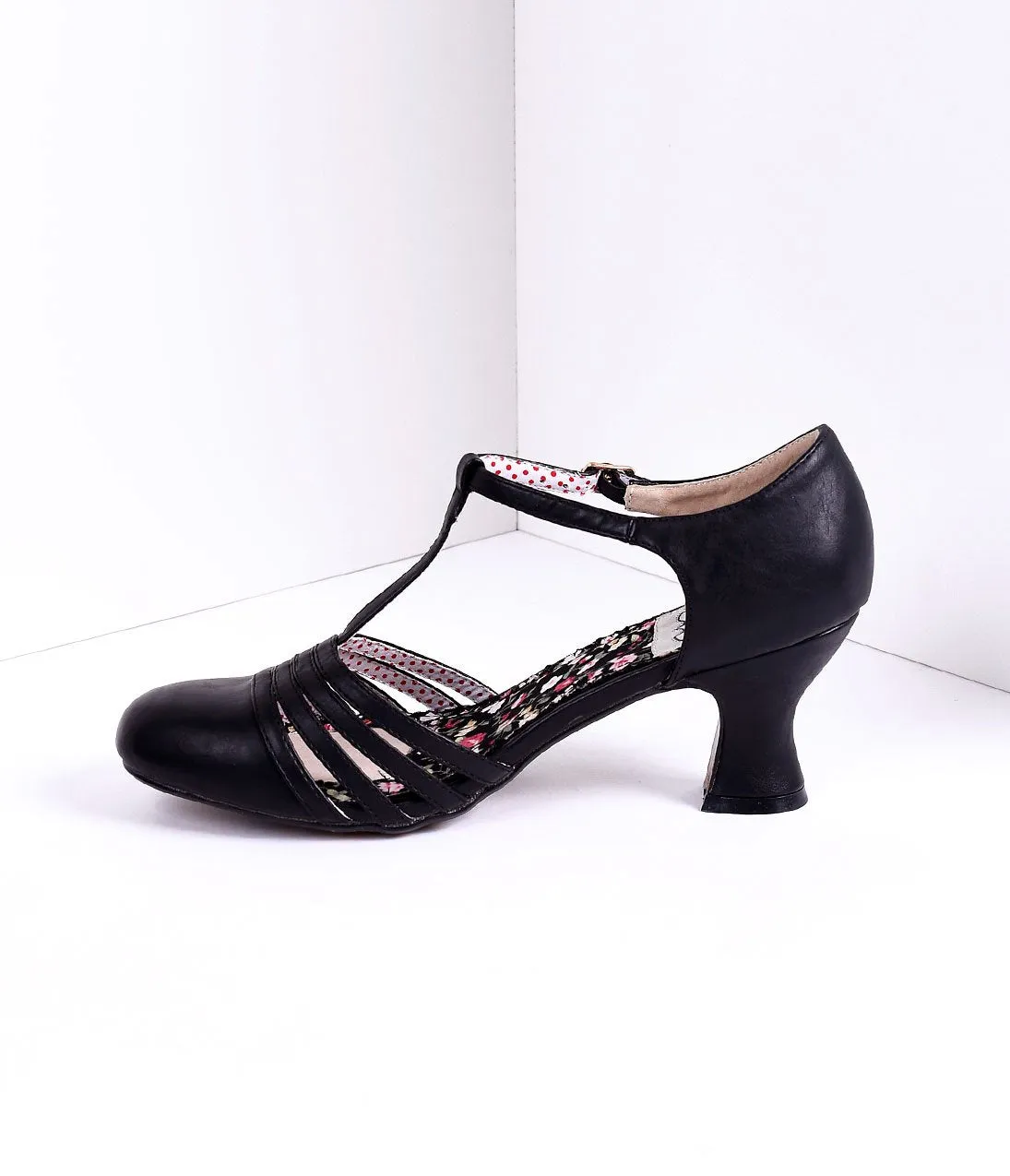 Bettie Page Black Leatherette Lucy T-Strap Heels