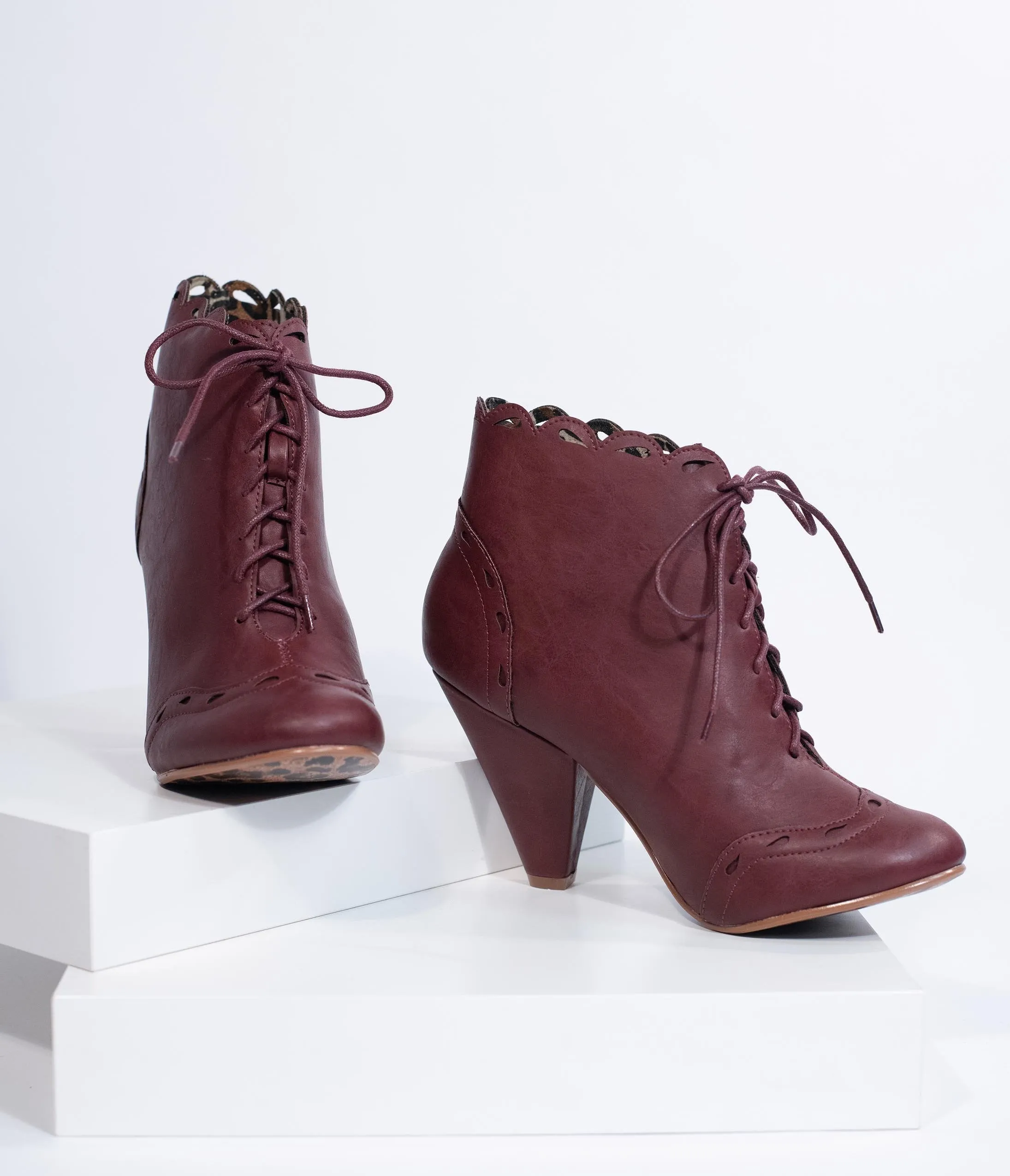 Bettie Page Burgundy Leatherette Eddie Lace Up Booties