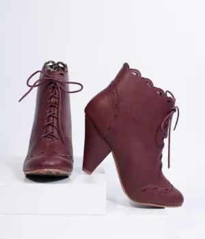 Bettie Page Burgundy Leatherette Eddie Lace Up Booties