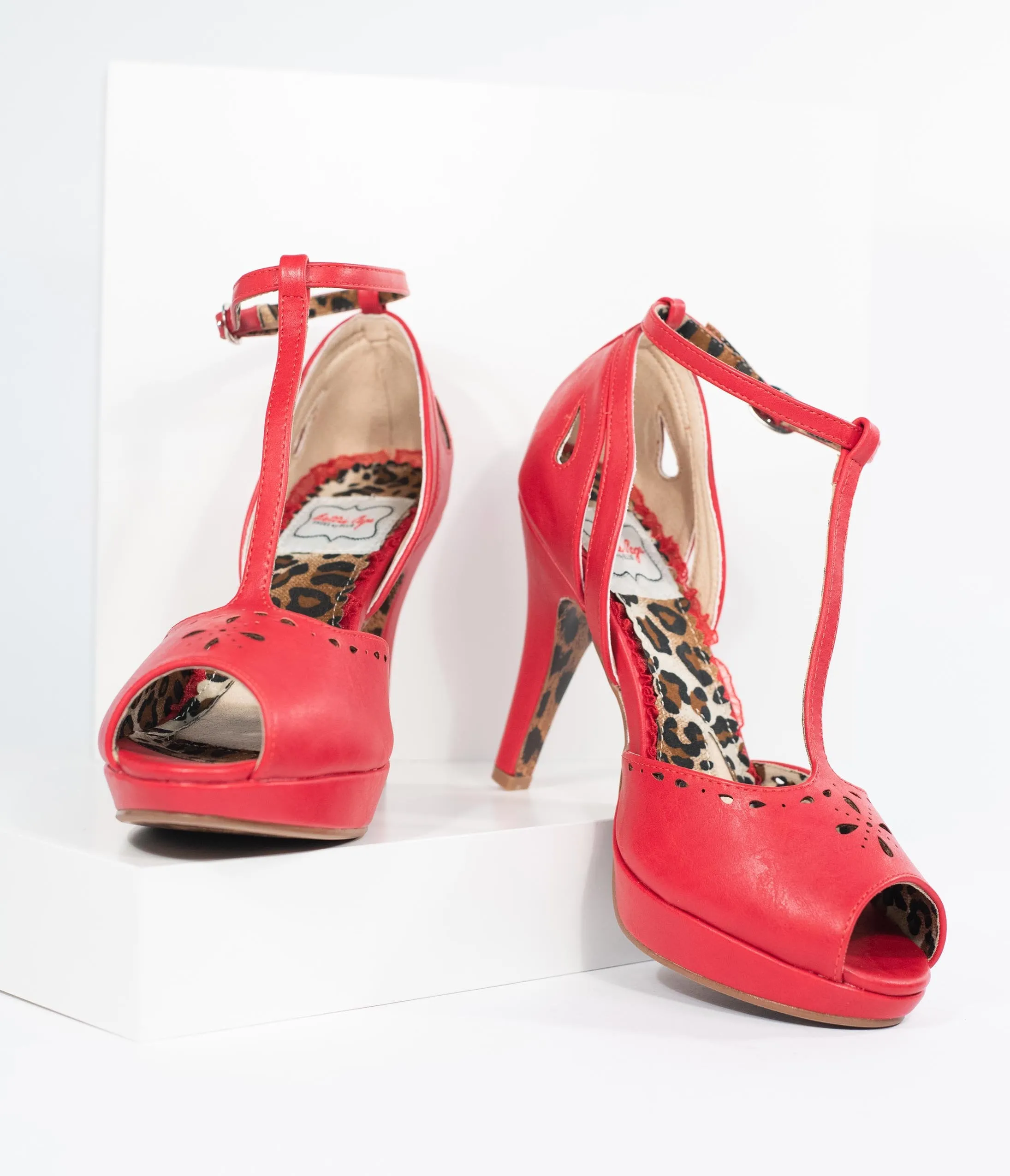 Bettie Page Red Leatherette Peep Toe Willie T-Strap Heels