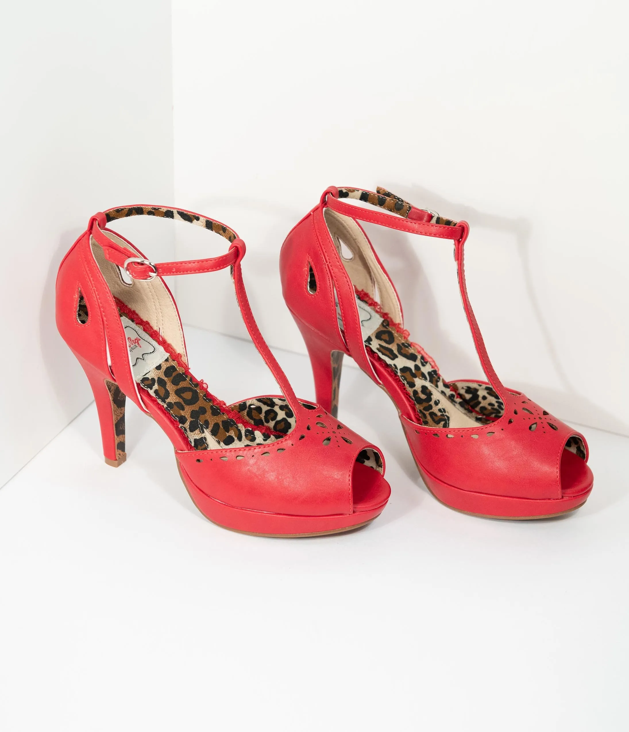 Bettie Page Red Leatherette Peep Toe Willie T-Strap Heels