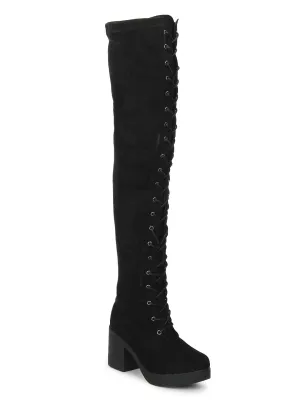 Black Microfibre Low Block Heel Lace-Up Long Boots