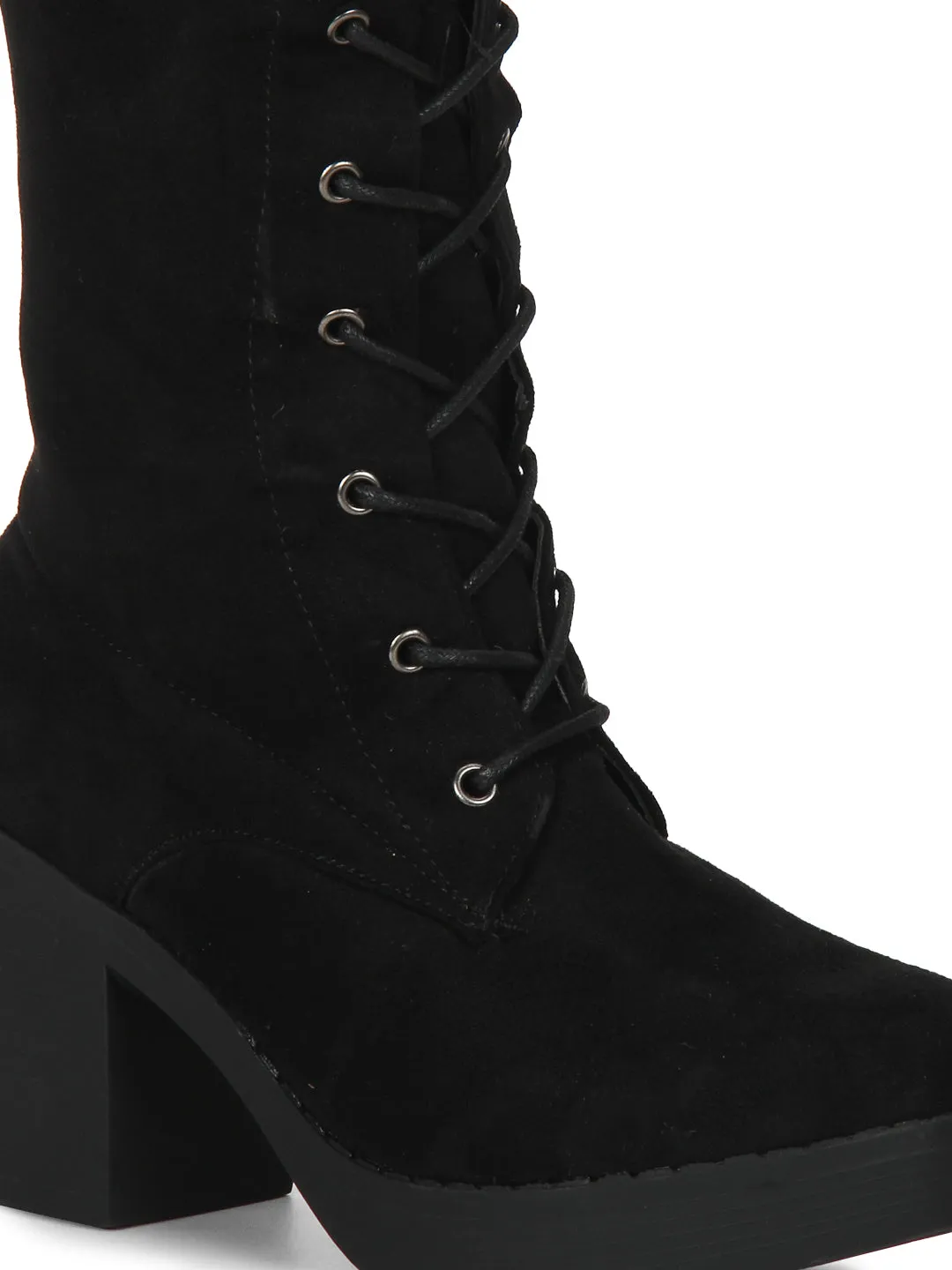 Black Microfibre Low Block Heel Lace-Up Long Boots