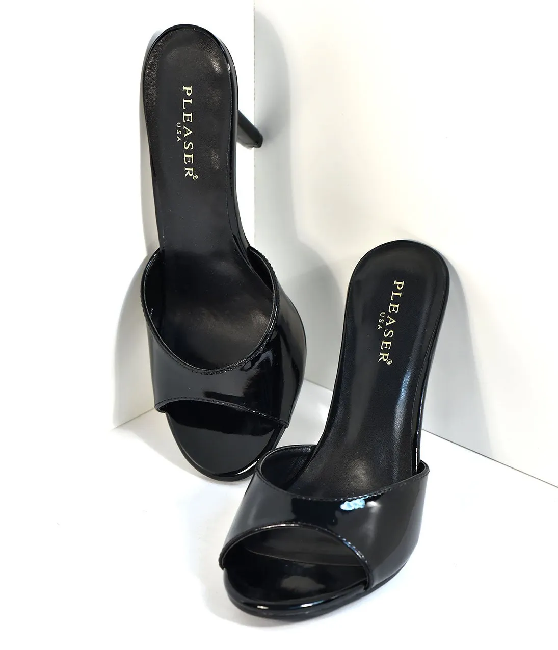 Black Patent Leatherette Peep Toe Slip On Heels