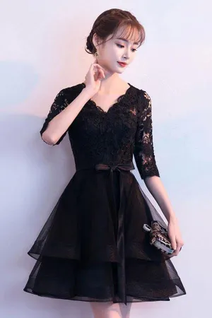 Black V Neck Lace Tulle Short Prom Dress Black Homecoming Dress PD150