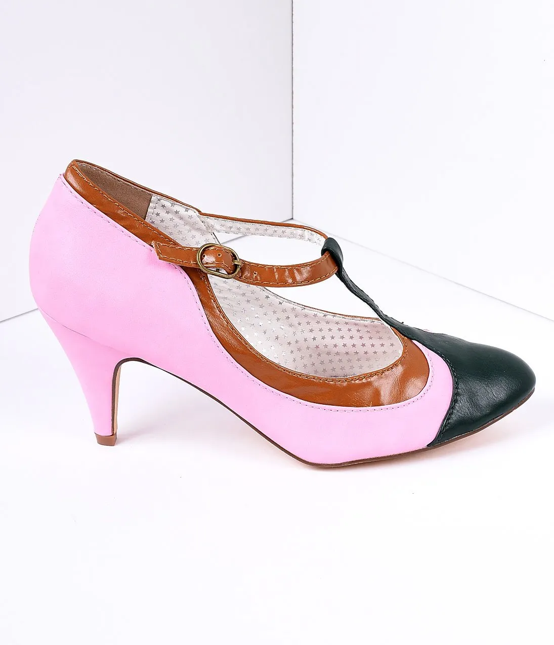 Blush Pink Tricolor Leatherette T-Strap Pumps