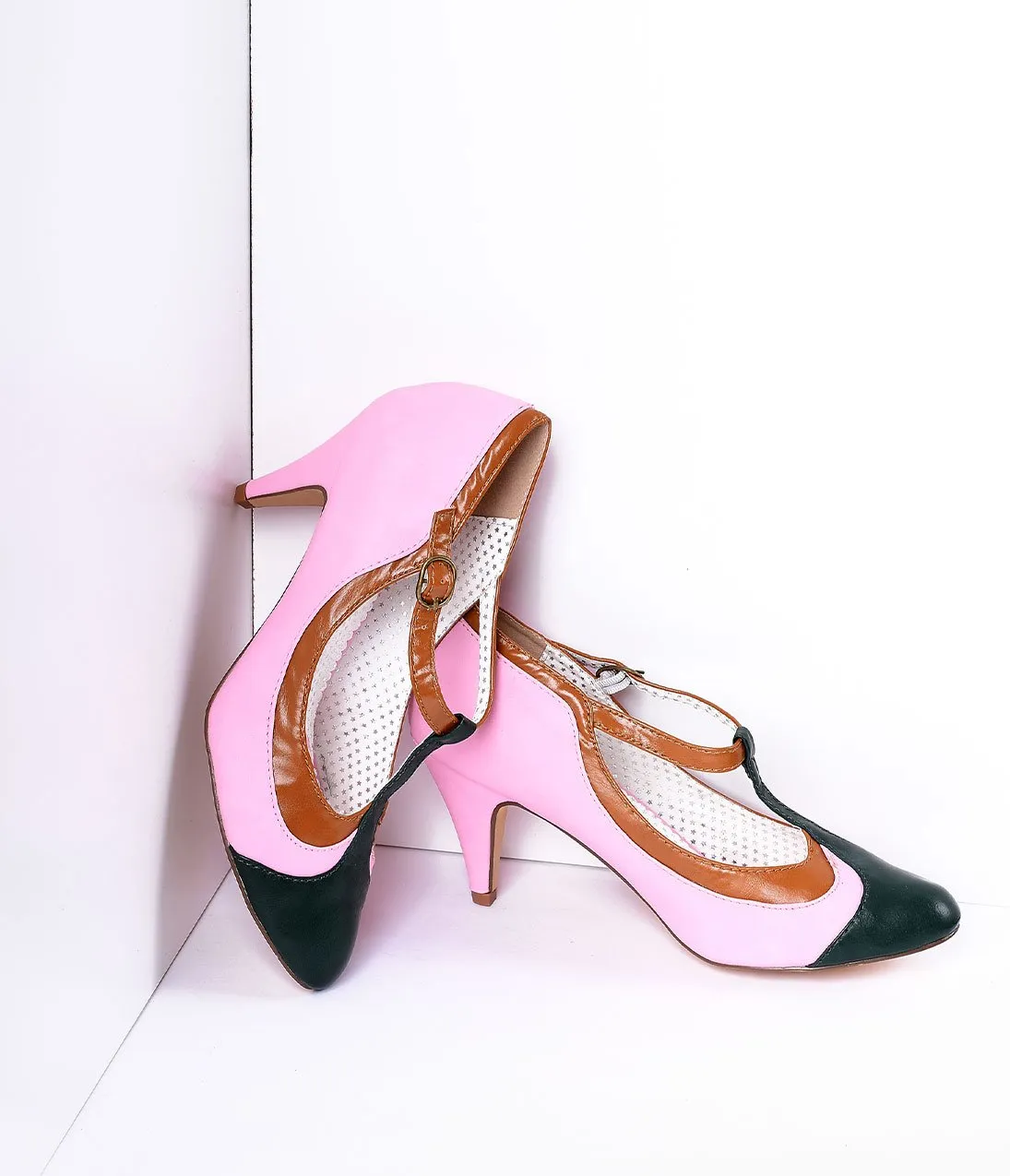 Blush Pink Tricolor Leatherette T-Strap Pumps