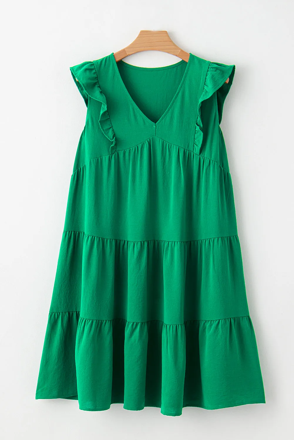 Bright Green Solid Color V Neck Ruffle Tiered Mini Dress