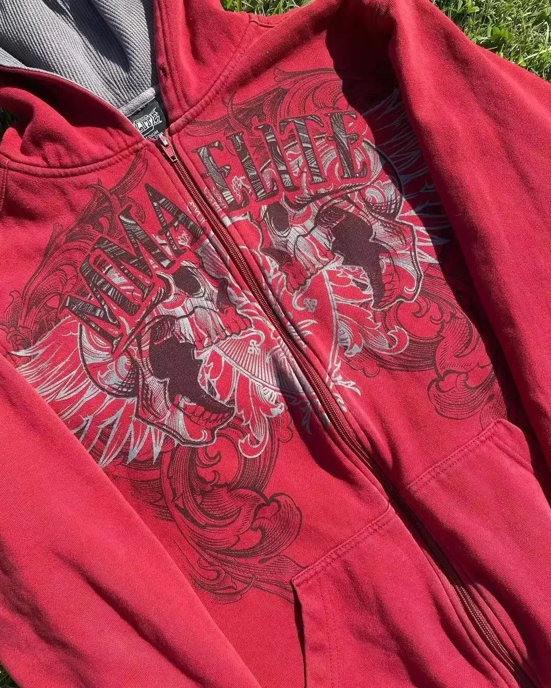 Cotton Red Couple Zipper Hoodies Vintage Elite Full Zip Hoodie Sweatshirt Size Skull Snake Red Y2K Sweatshirts