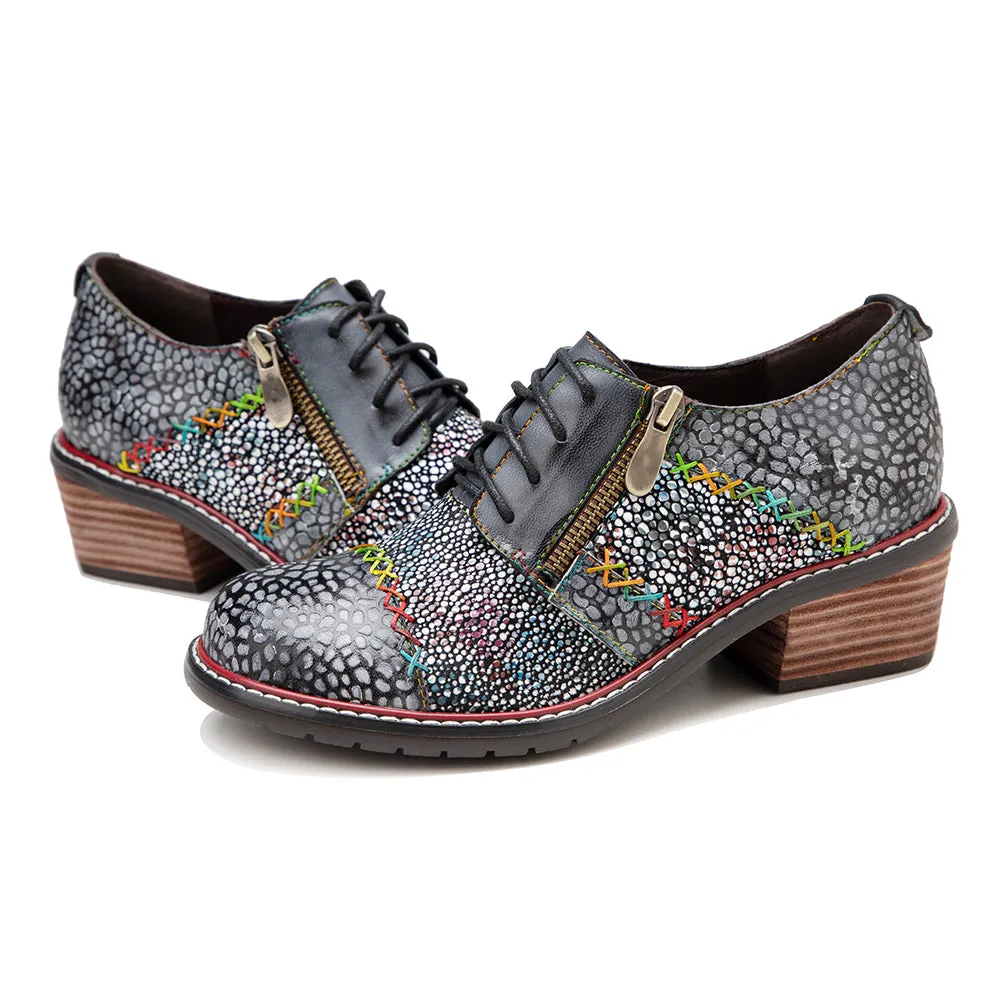 CrazycatZ Women's Leather Oxford Shoes Perforated Wingtip Colorful Leather Oxfords Shoes Grey