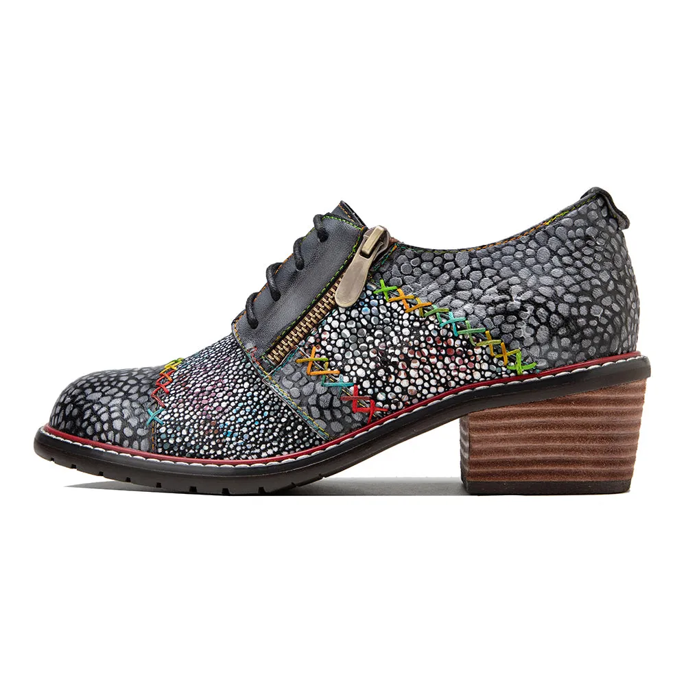 CrazycatZ Women's Leather Oxford Shoes Perforated Wingtip Colorful Leather Oxfords Shoes Grey