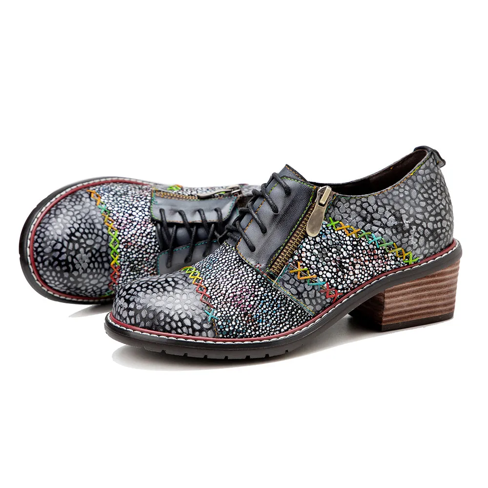 CrazycatZ Women's Leather Oxford Shoes Perforated Wingtip Colorful Leather Oxfords Shoes Grey