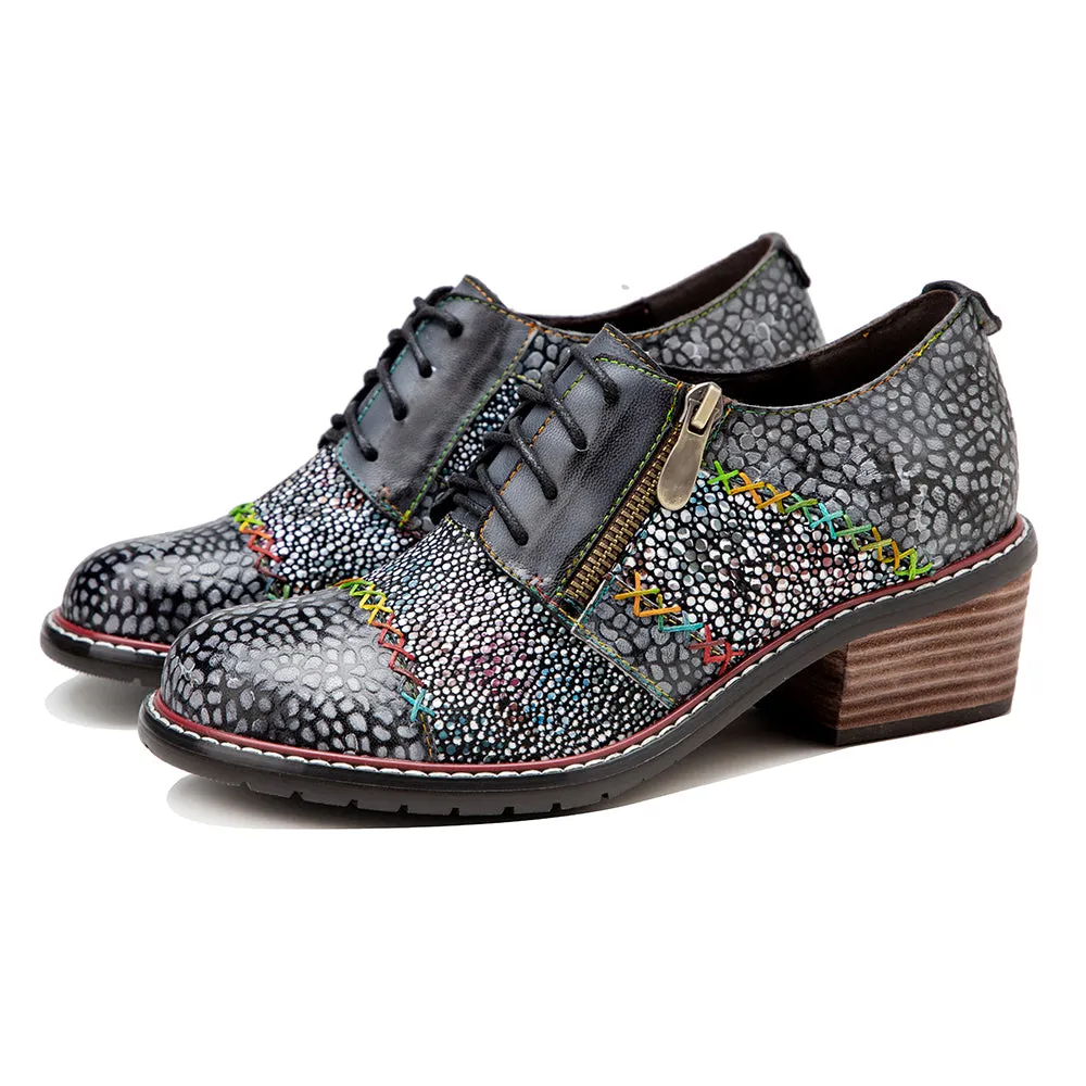 CrazycatZ Women's Leather Oxford Shoes Perforated Wingtip Colorful Leather Oxfords Shoes Grey