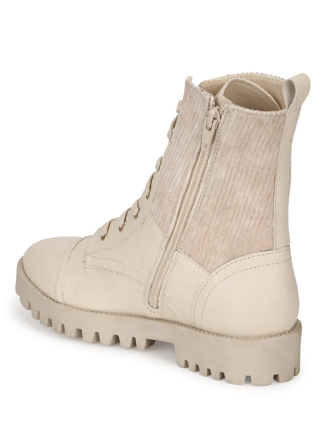 Cream Beige PU Lace Up Ankle Boots