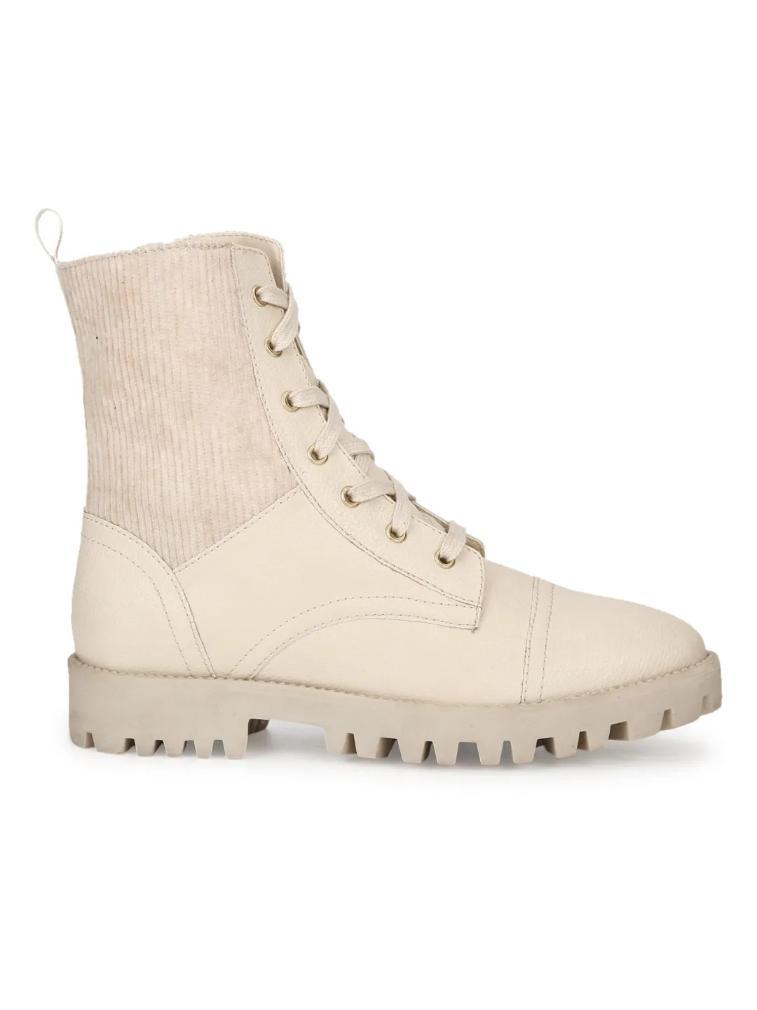 Cream Beige PU Lace Up Ankle Boots