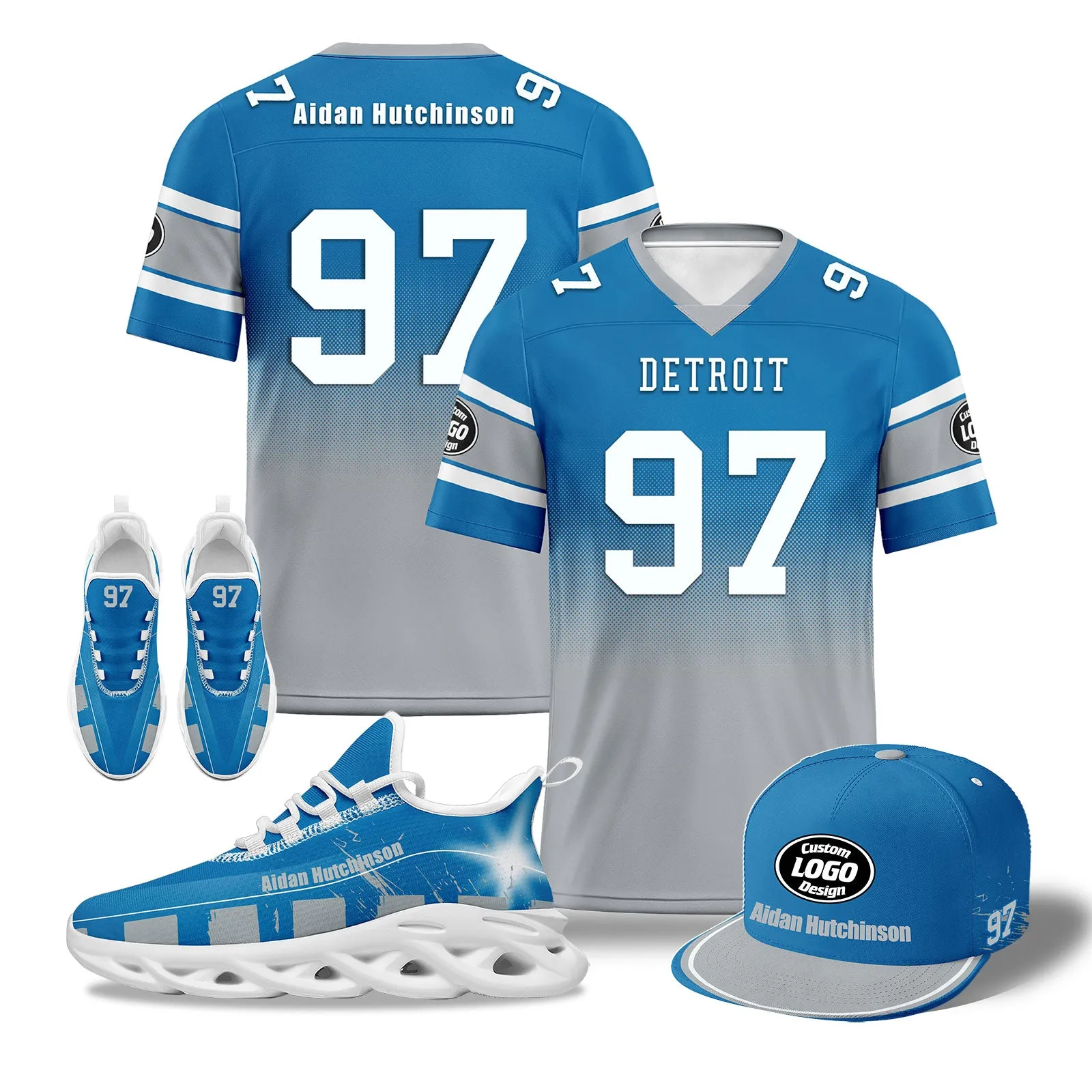 Custom Blue Gray Detroit Football MaxSoul Shoes and Hat Combo Offer Personalized Combo ZH-D020268-11