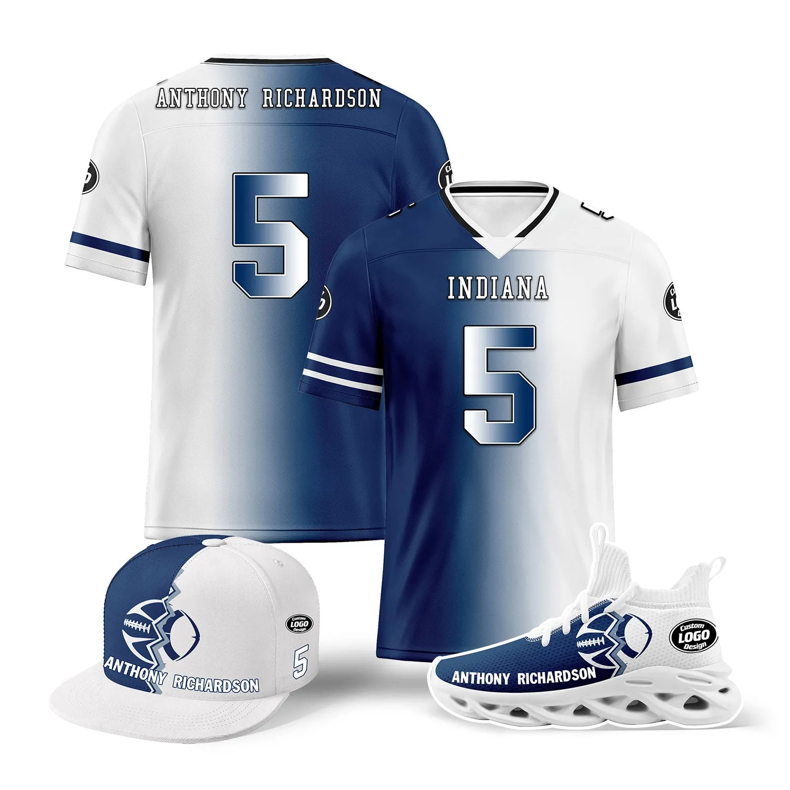 Custom Blue White Indiana Football Jersey MaxSoul Shoes and Hat Combo Offer Personalized Combo ZH-D028018-23