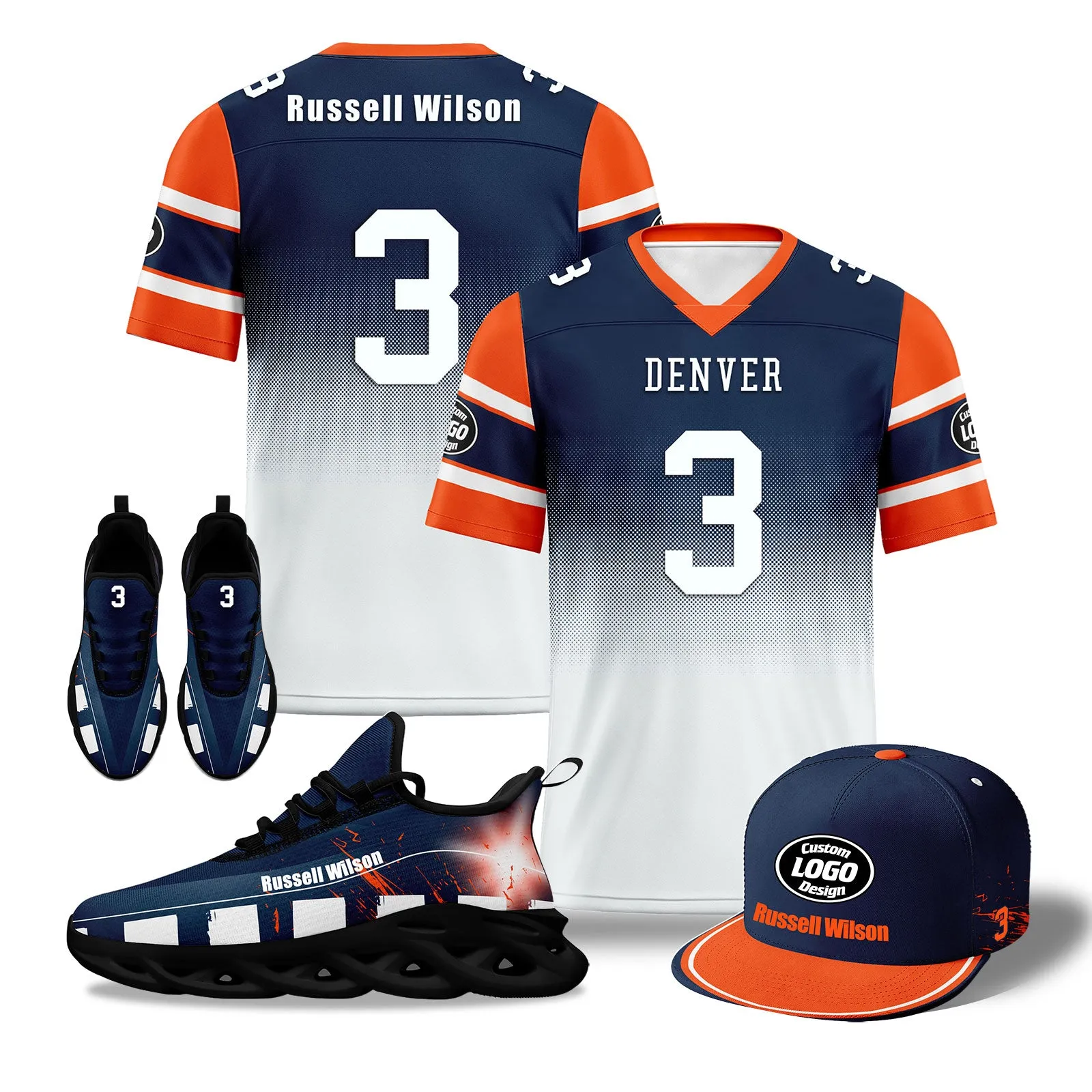 Custom Blue White Orange Denver Football MaxSoul Shoes and Hat Combo Offer Personalized Combo ZH-D020268-10