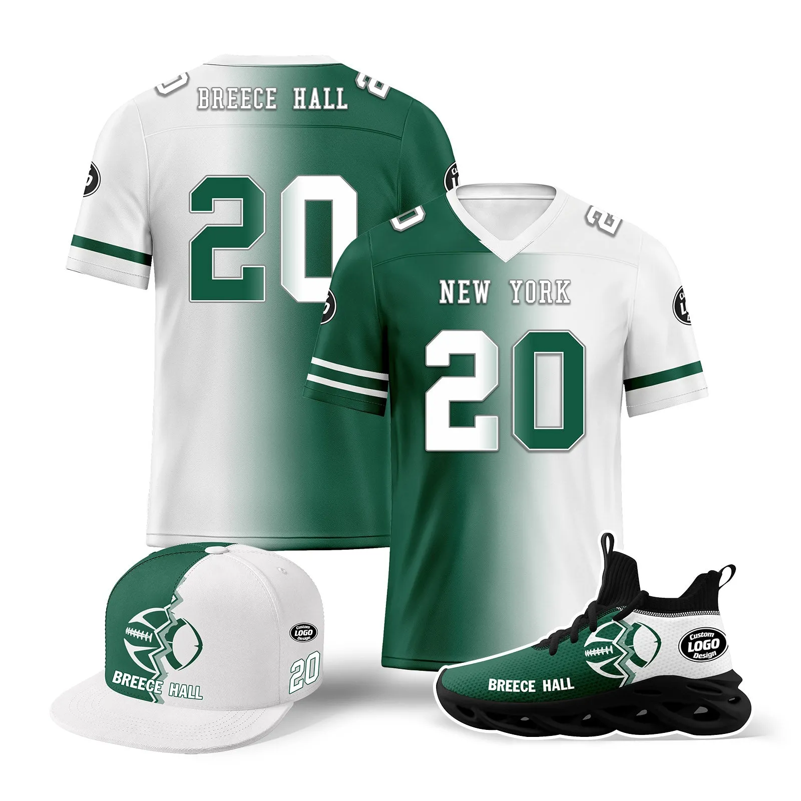 Custom Green White New York Football Jersey MaxSoul Shoes and Hat Combo Offer Personalized Combo ZH-D028018-30