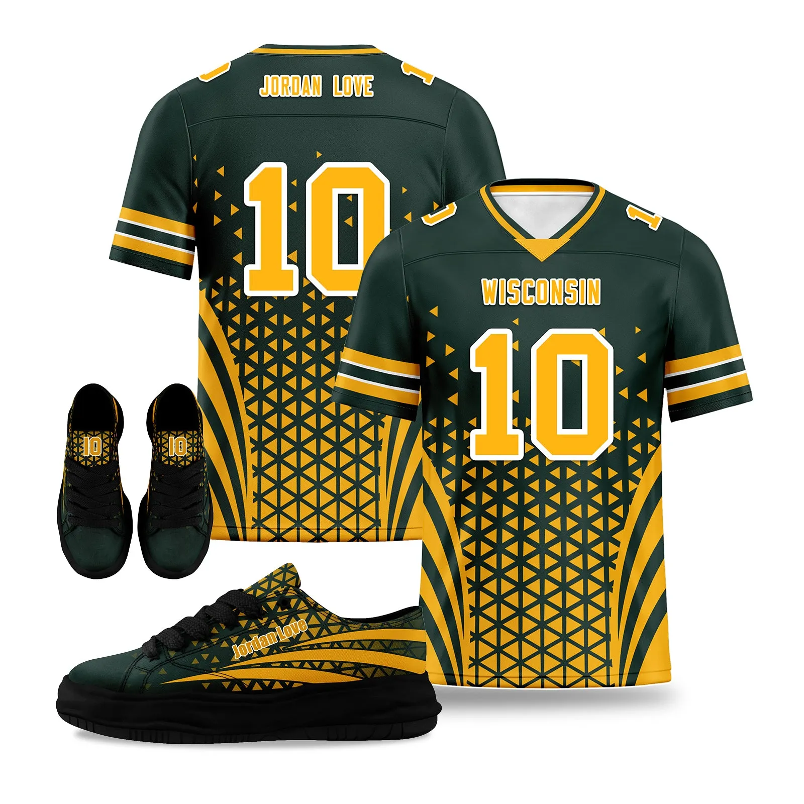 Custom Green Yellow Wisconsin Football Jersey and Sports Shoes Combo Offer Personalized Combo ZH-D023031-13