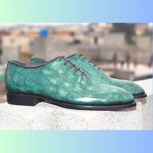 Custom Made Bespoke Handmade Made to Measure Genuine Crocodile Print Green Leather Laceup Oxford Mens Shoes