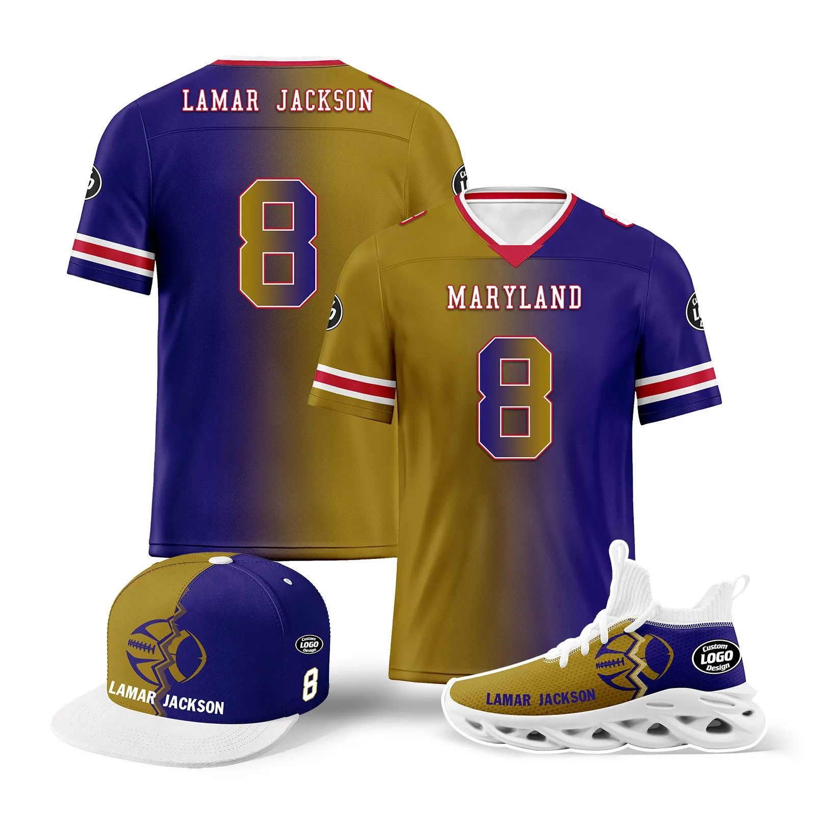 Custom Purple Yellow Maryland Football Jersey MaxSoul Shoes and Hat Combo Offer Personalized Combo ZH-D028018-17