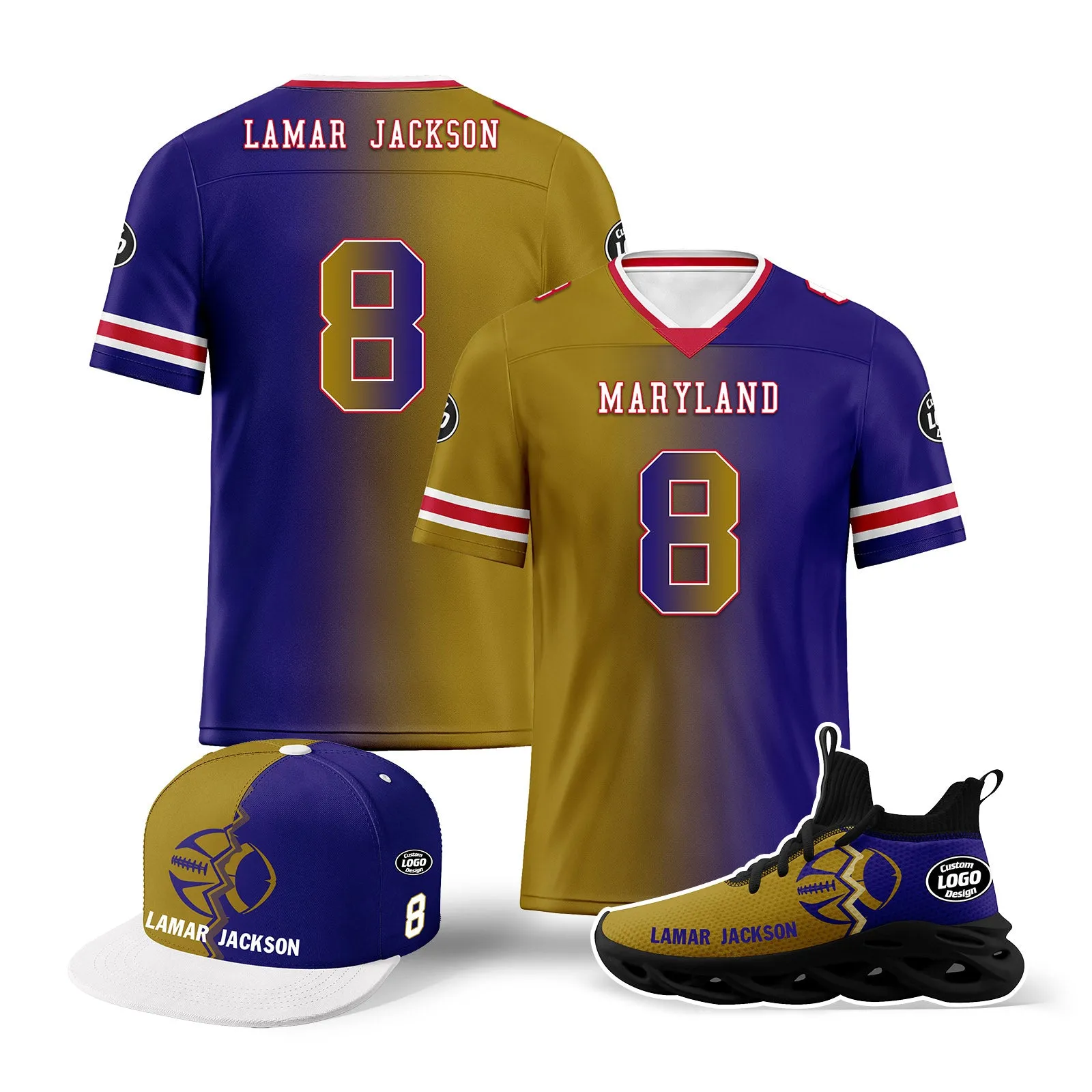 Custom Purple Yellow Maryland Football Jersey MaxSoul Shoes and Hat Combo Offer Personalized Combo ZH-D028018-17