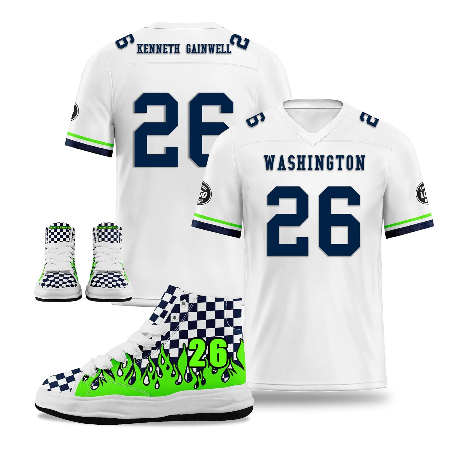 Custom White Blue Green Seattle Football Jersey and Firesoul Sports Shoes Combo Offer Personalized Combo ZH-D020273-27