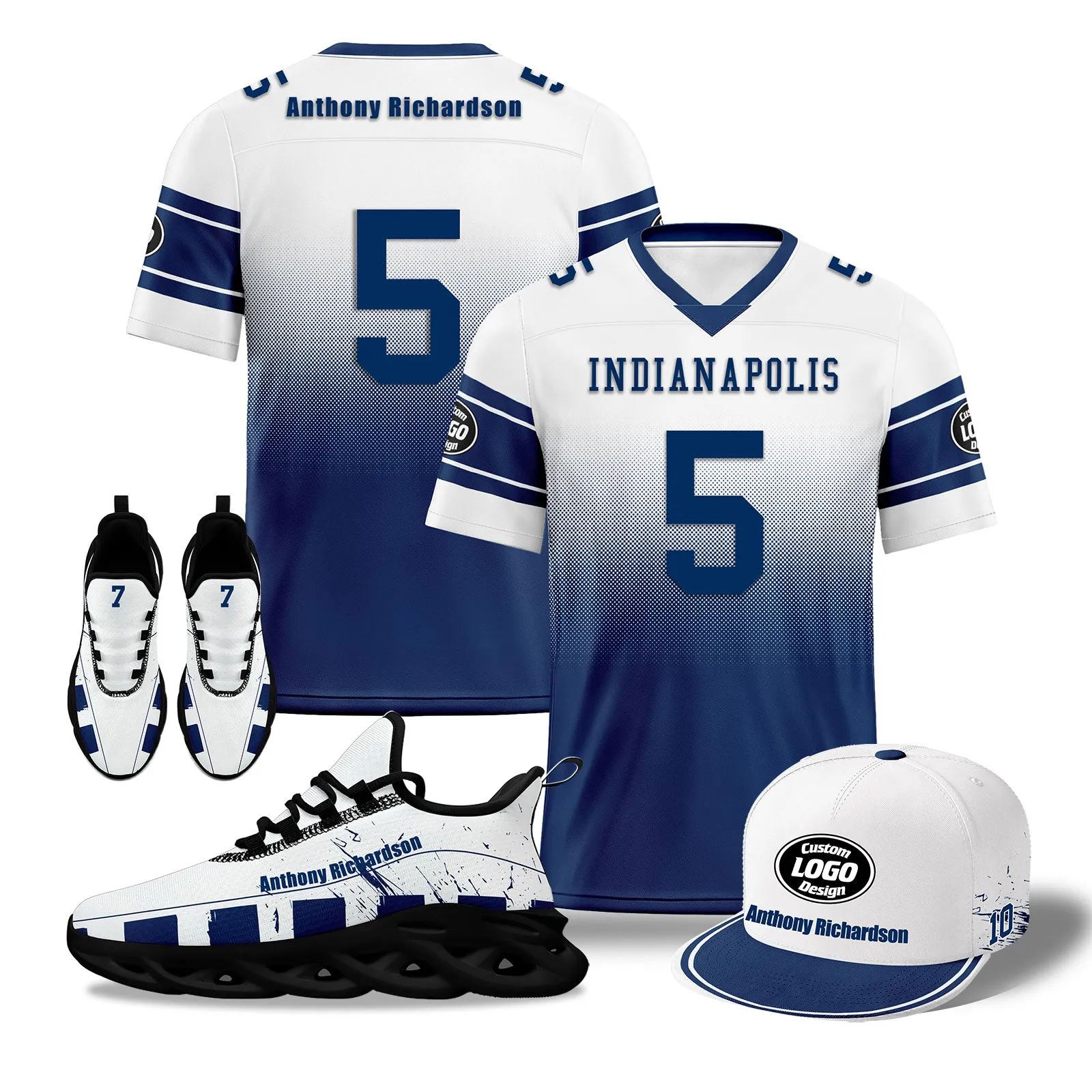 Custom White Blue Indianapolis Football MaxSoul Shoes and Hat Combo Offer Personalized Combo ZH-D020268-14