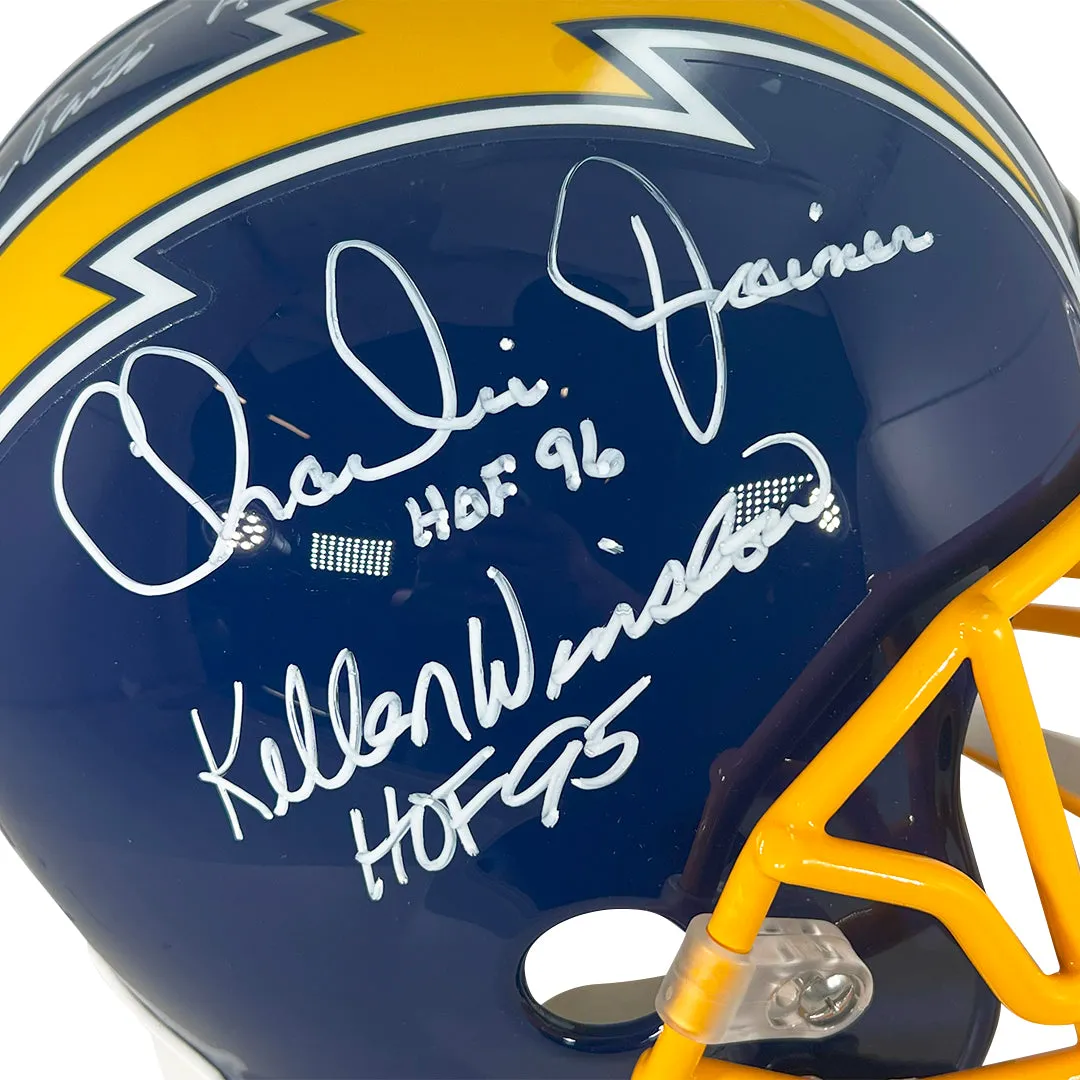 Dan Fouts HOF 93, Charlie Joiner HOF 96 & Kellen Winslow HOF 95 Signed San Diego Chargers Throwback 74-87 Full-Size Replica Football Helmet (JSA)