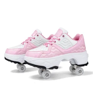 Deformable Four-wheel Retractable Double-row Dual-purpose Roller Skates, Size: 33(DF09 Pink)