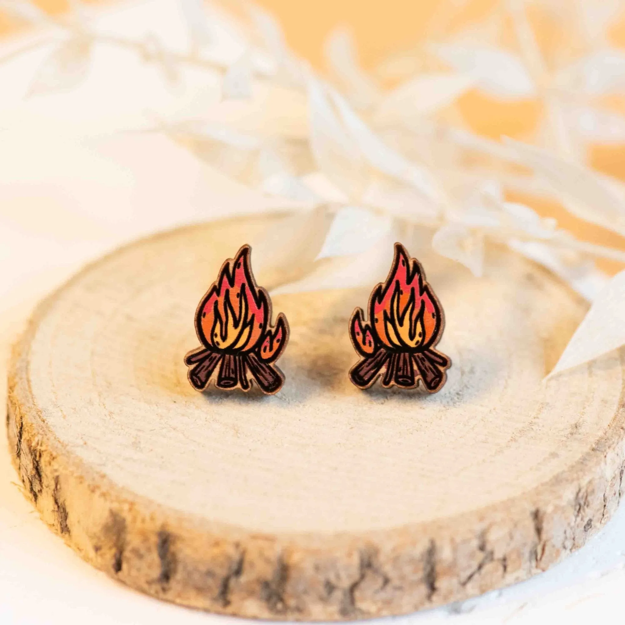 Hand-painted Camp Fire Earrings Wooden Jewellery - PET15204