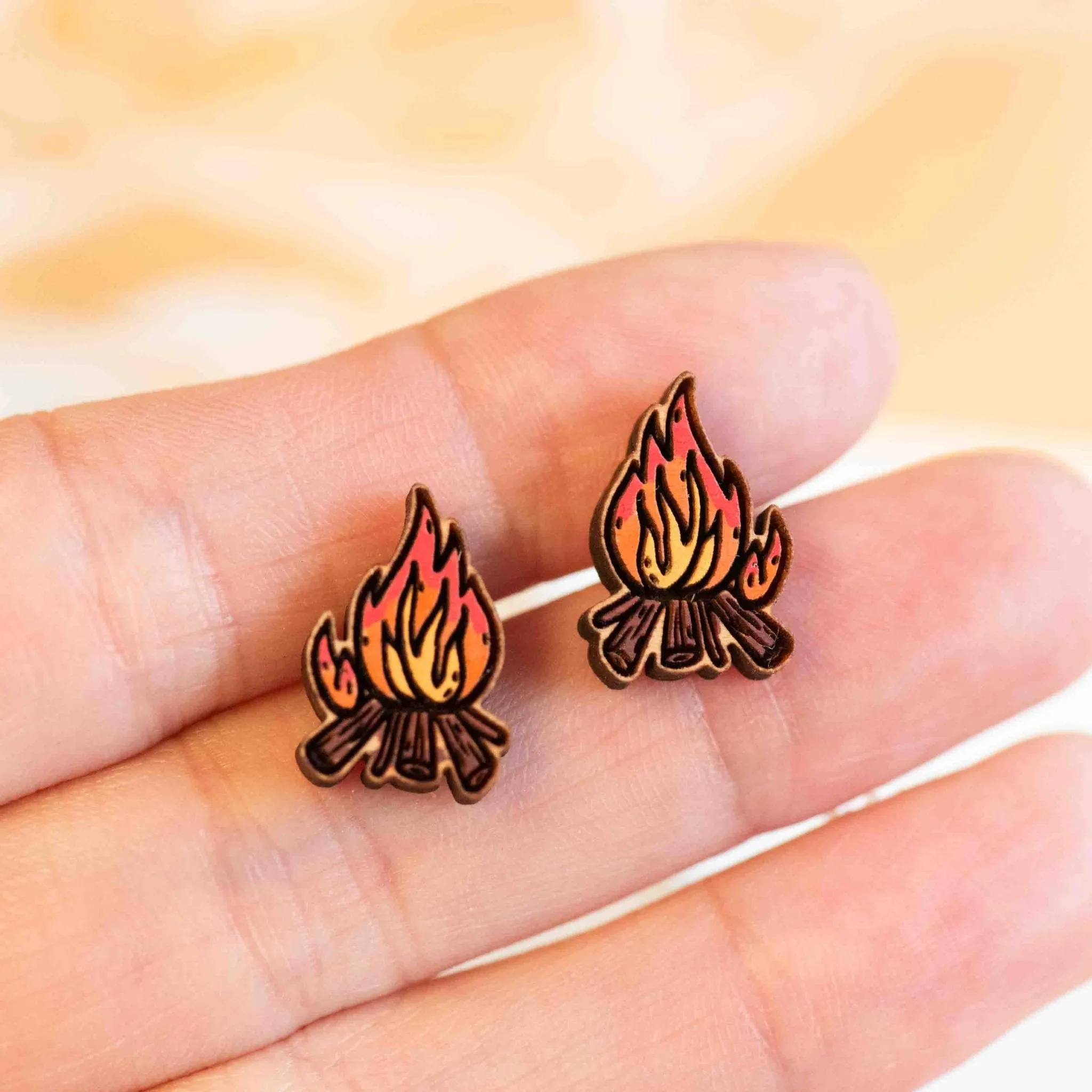 Hand-painted Camp Fire Earrings Wooden Jewellery - PET15204