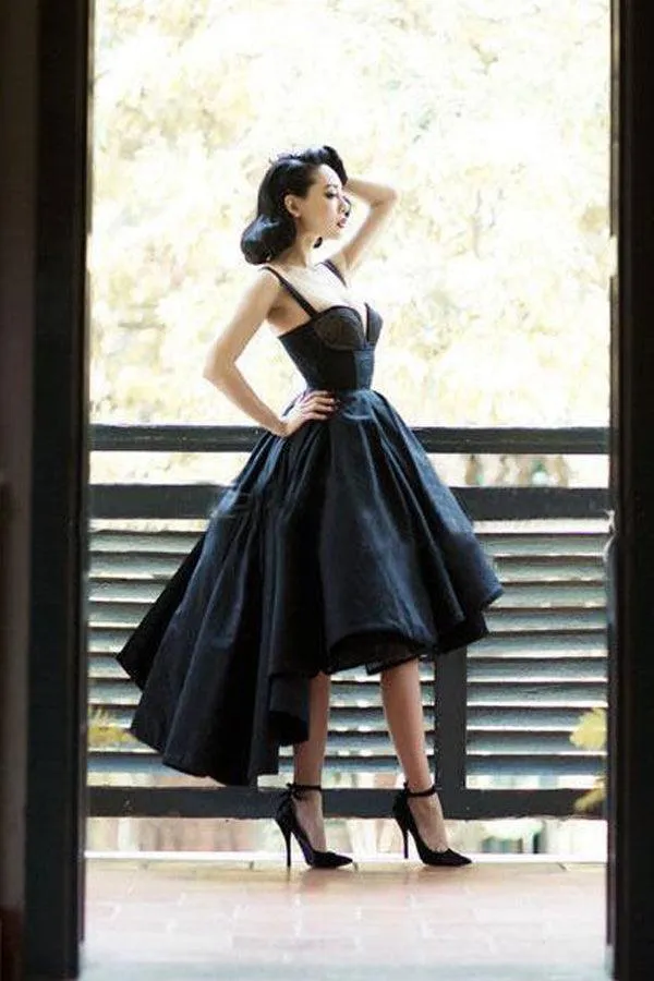 High Low Black Dress Vintage Homecoming Dresses Short Prom Dress  PD387