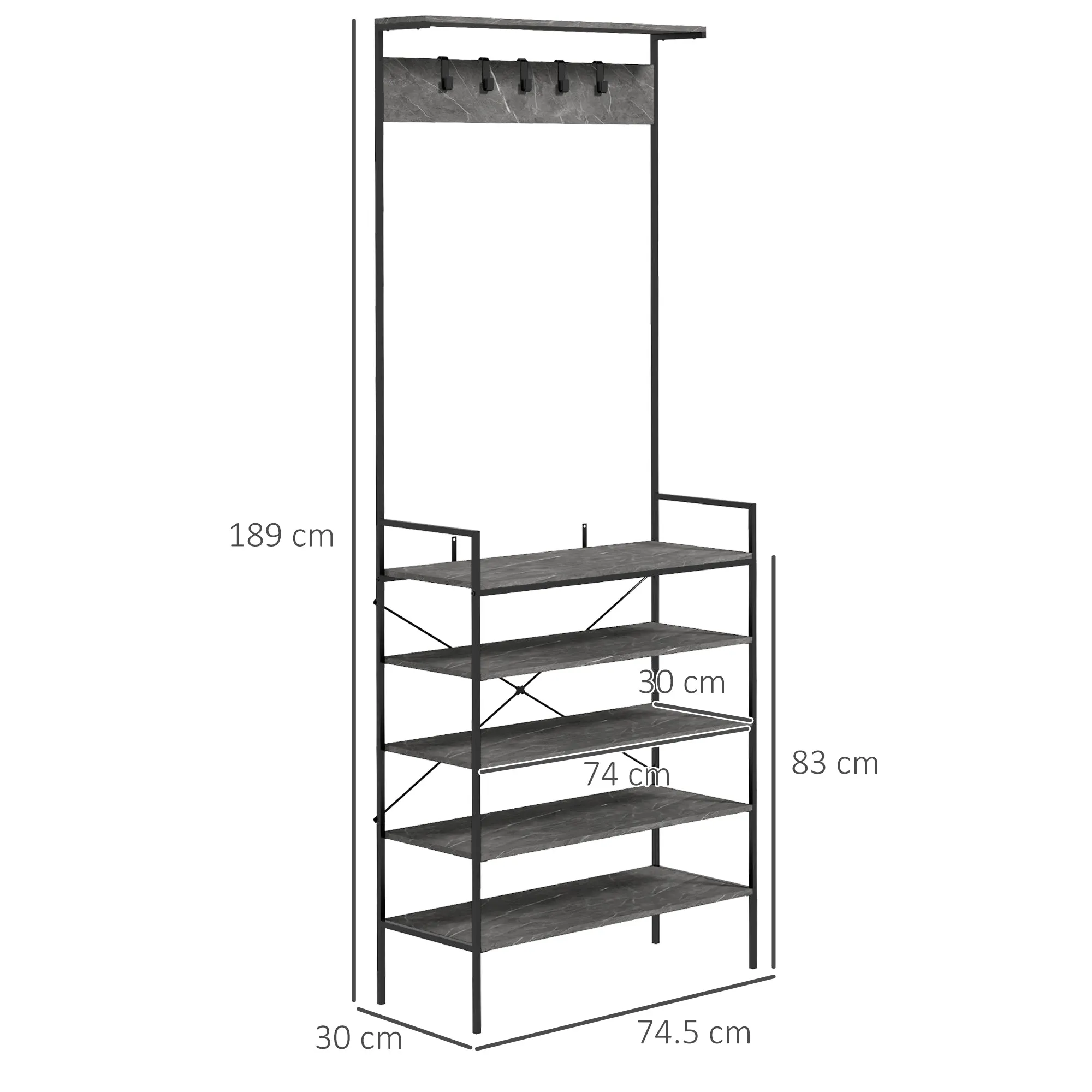 HOMCOM Kitchen Baker's Rack, Industrial Microwave Stand, Coffee Bar Table with Storage Shelves and 5 Hooks for Spices, Cups, Pots and Pans, Grey Marbled