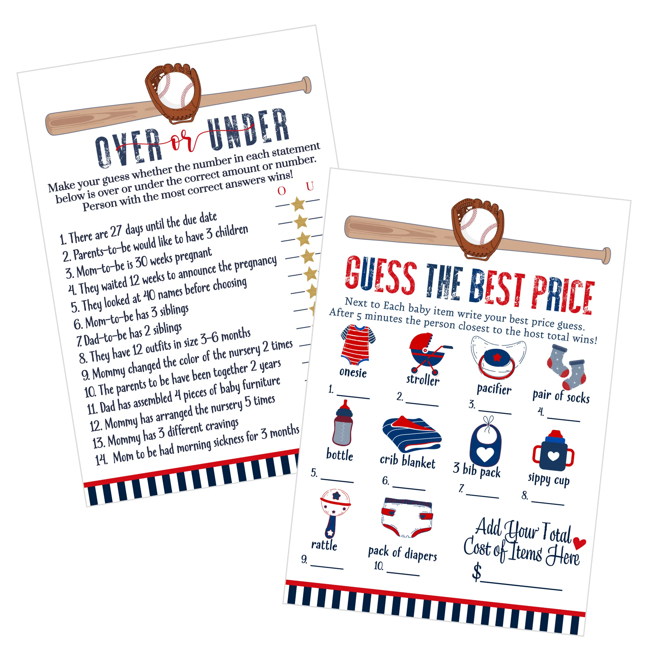 Home Run Baby Shower Game Set – Over or Under and Guess the Price Right 2 Pack of Baseball Themed Activities Ideas and Planning