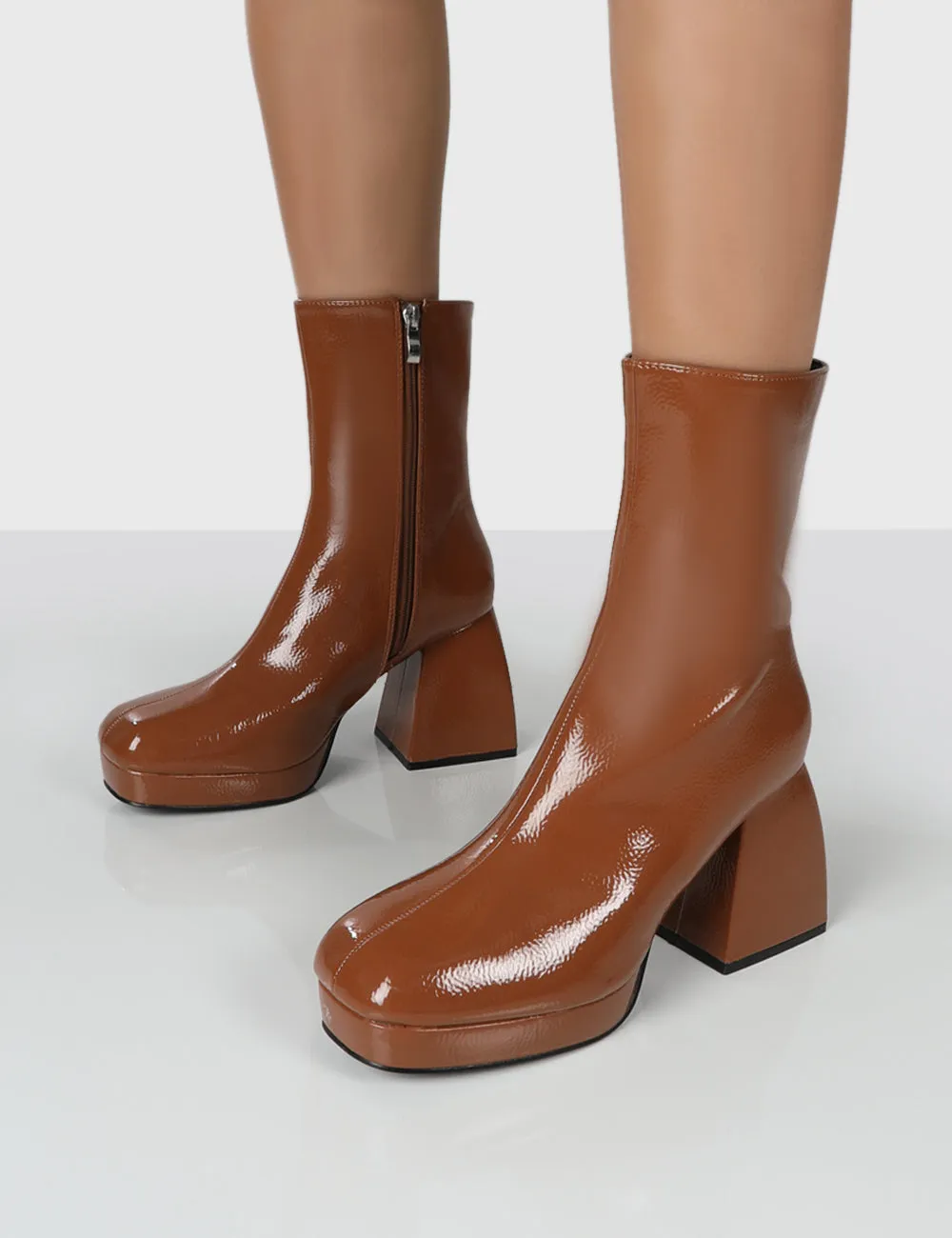 Imagine Camel Patent Chunky Heel Ankle Boots