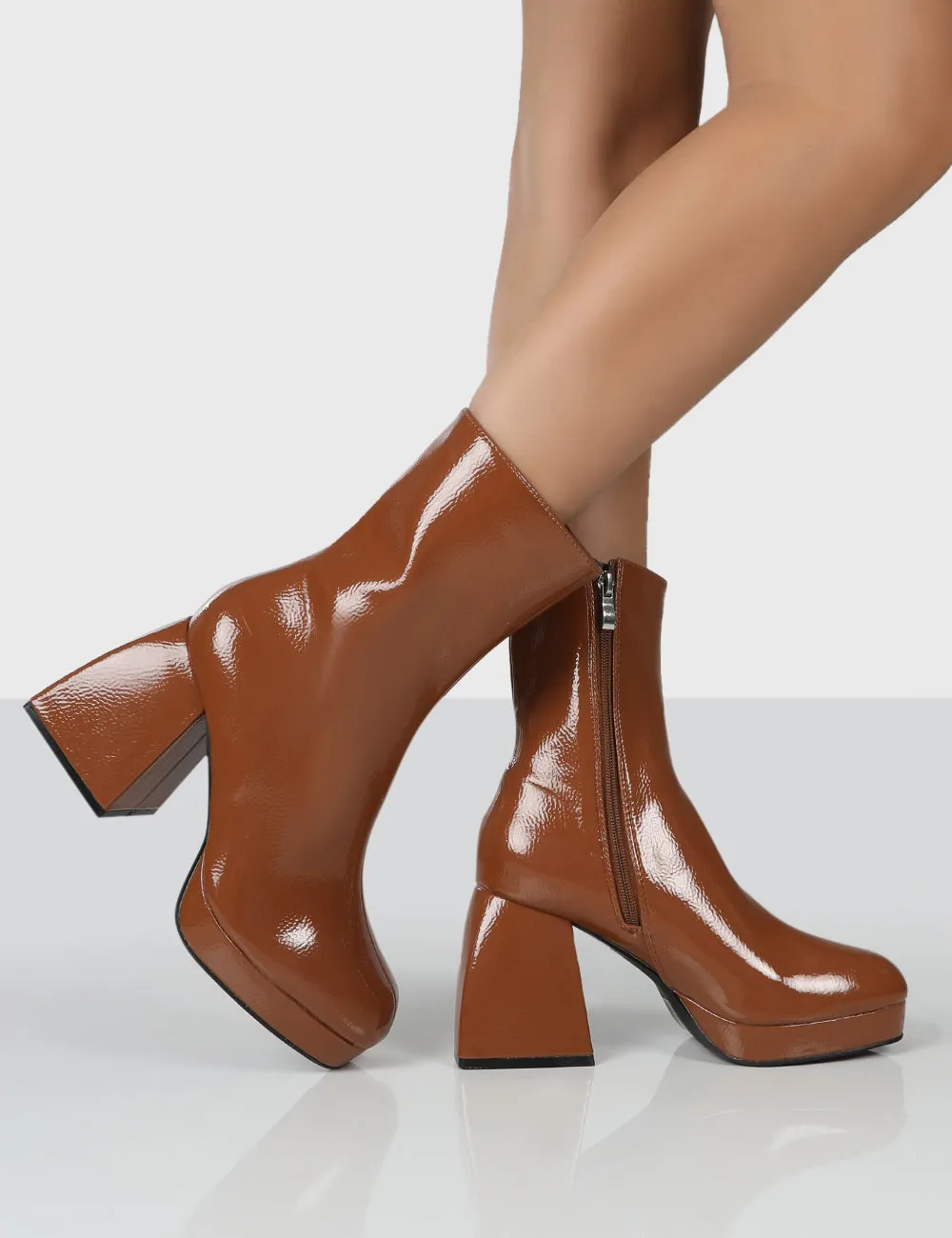 Imagine Camel Patent Chunky Heel Ankle Boots