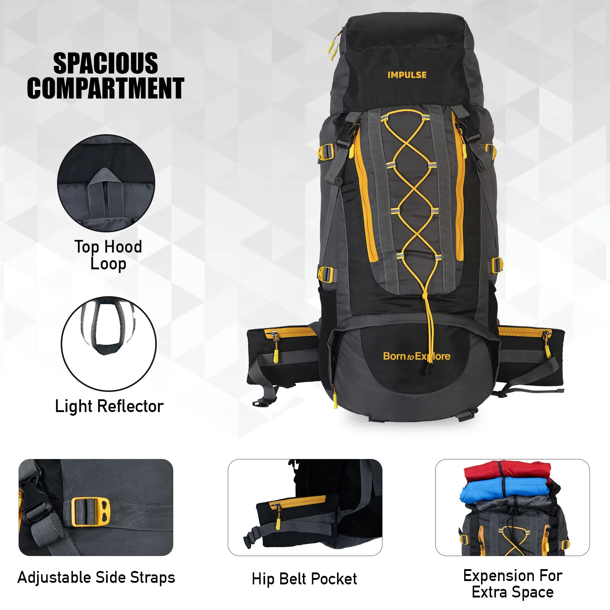 Impulse Rucksack bags 75 litres travel bag for men tourist bag for travel backpack for hiking trekking Bag for men camping Loops Black with 1 year Warranty